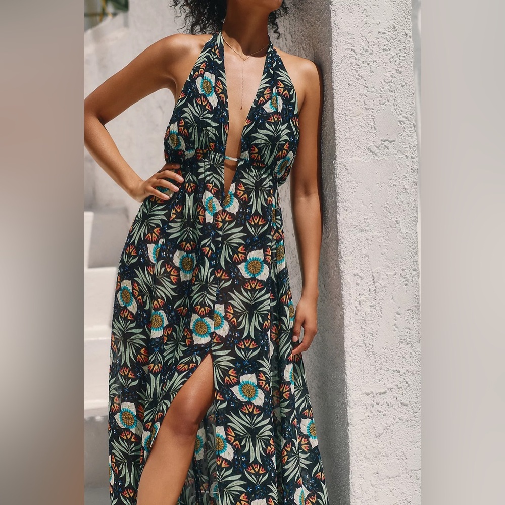ANTHROPOLOGIE X Brenda Quinn V-Neck Halter maxi Dress xs tropical print - Picture 3 of 11